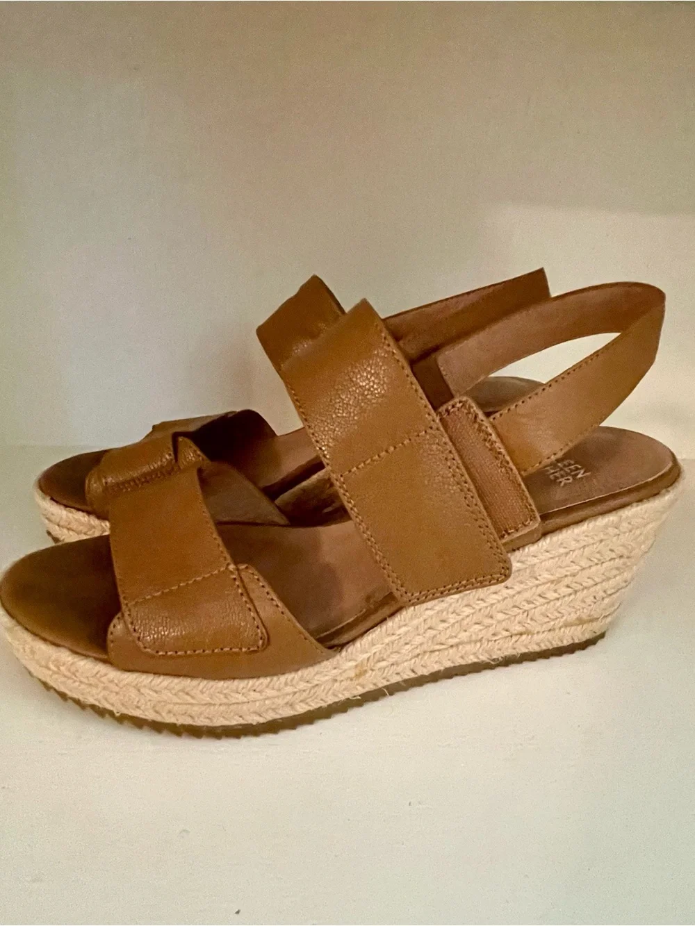 Eileen Fisher Tan Leather Espadrille Wedge Sandals